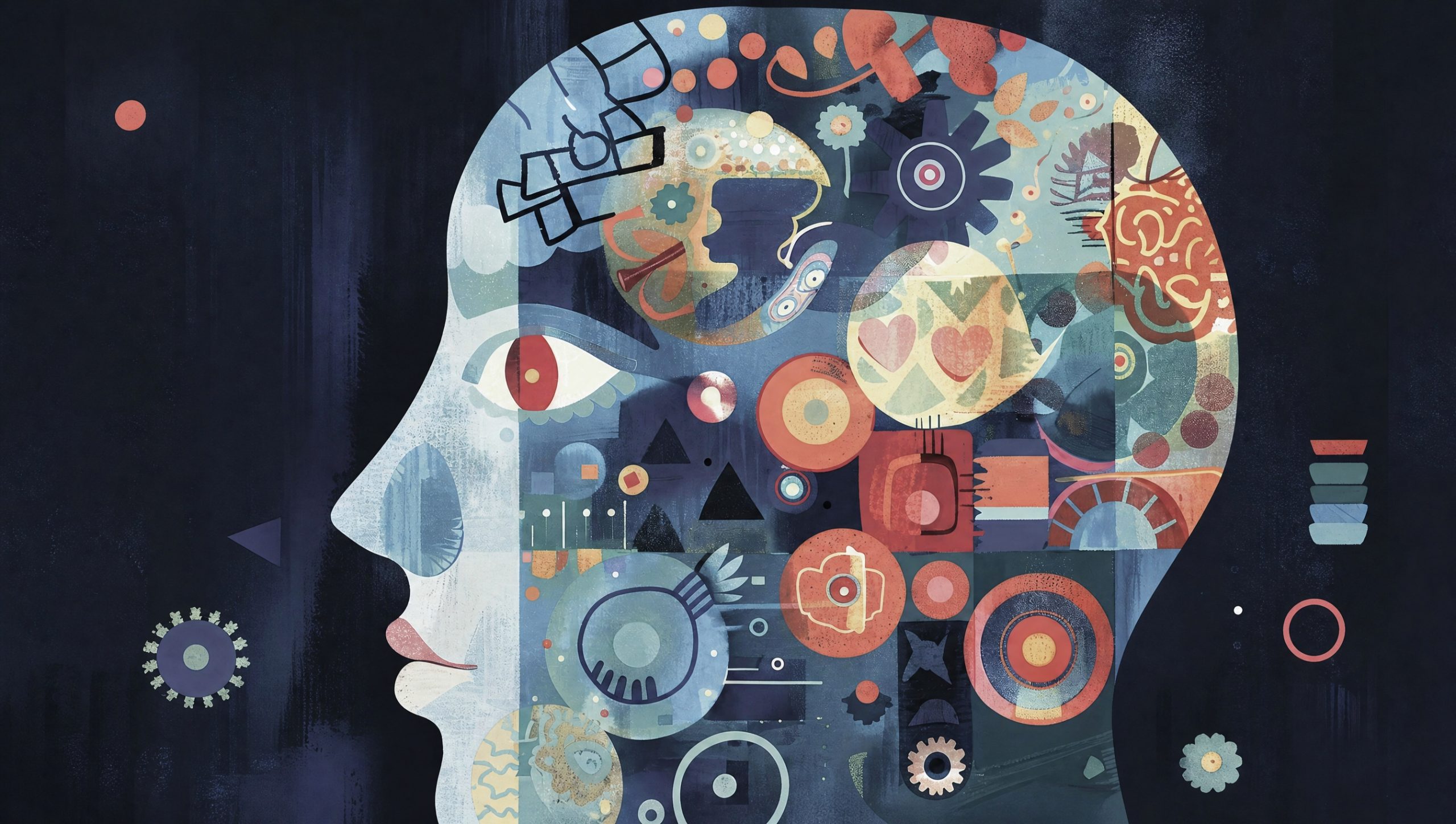 Abstract illustration of a human head filled with colorful gears and shapes, suggesting thinking and cognition.